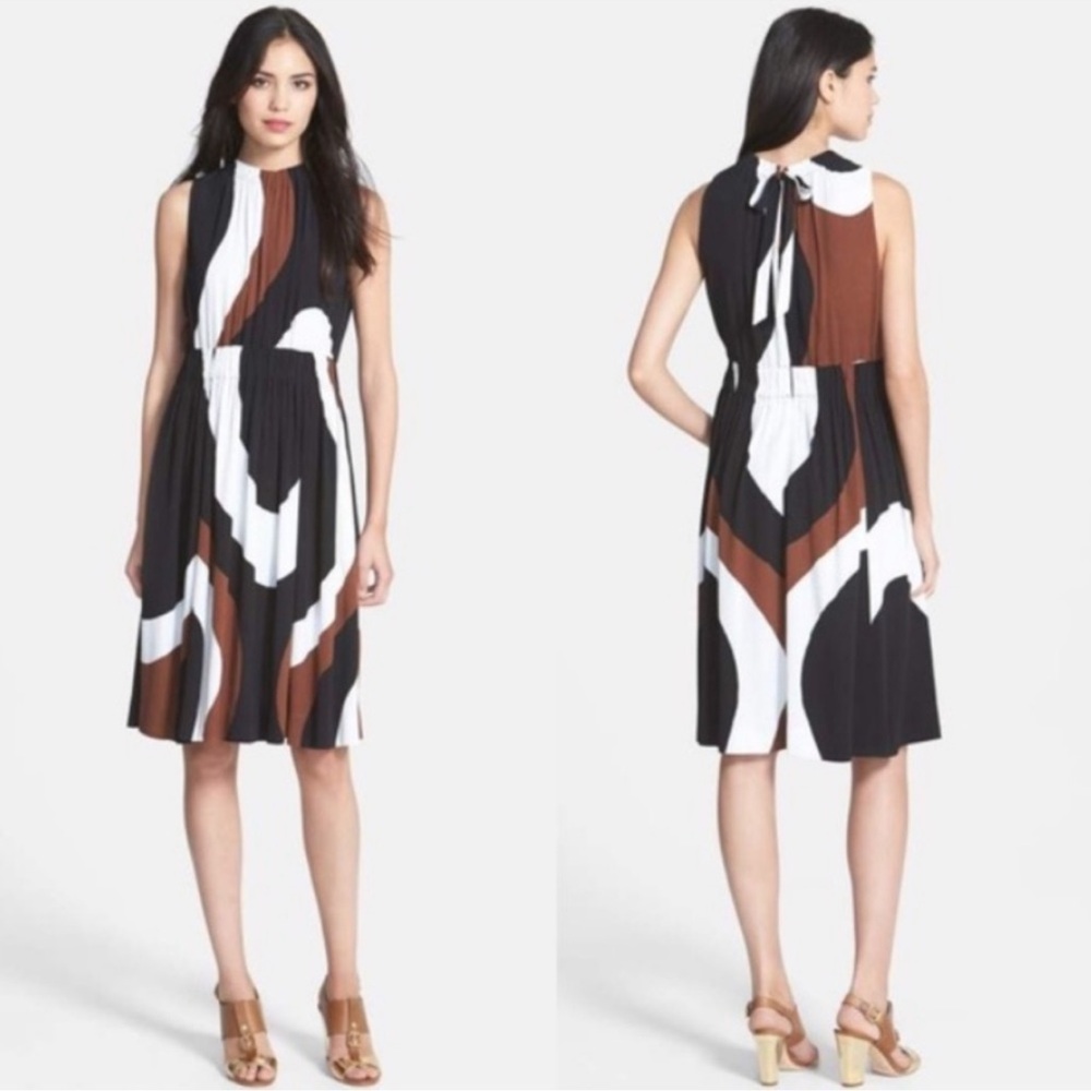 Kate Spade Rio mod crepe brown black white sleeveless 2 midi crepe lace dress